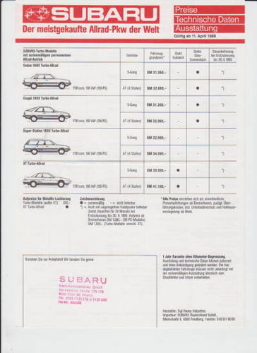 Subaru PKW Programm  Preisliste April 1988 - 1135*