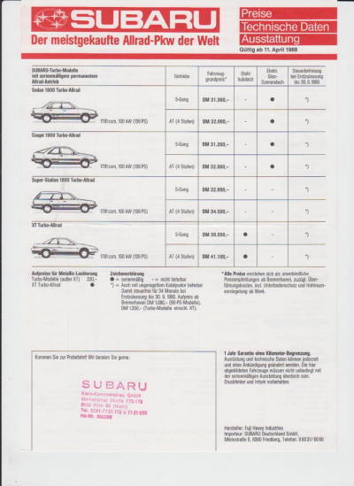 Subaru PKW Programm Preisliste April 1988 - 1135*