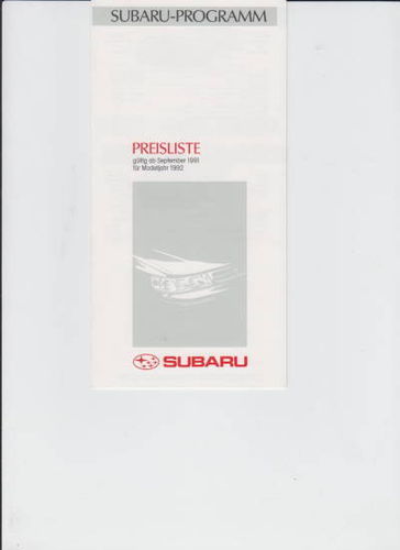 Subaru PKW Programm Preisliste September 1991