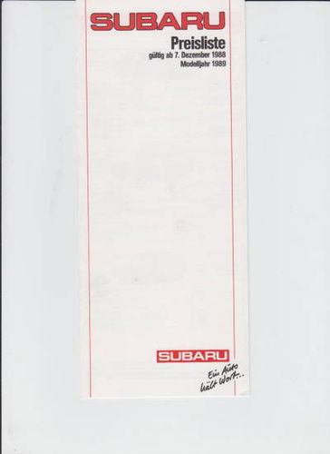 Subaru PKW Programm -  Preisliste Dezember 1988