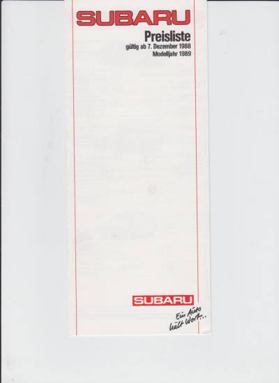 Subaru PKW Programm - Preisliste Dezember 1988