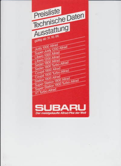 Subaru Preisliste Daten 10 - 1986 - 1134*