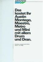 Austin Rover Preisliste 1. Juli 1986
