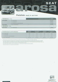 Seat Arosa Preisliste aus April 2003