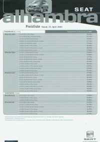 Seat Alhambra Preisliste April 2003 - für Sammler
