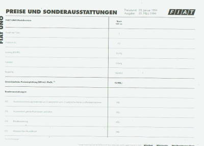 Fiat Uno Preisliste aus 1994 -2742*
