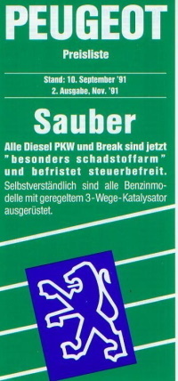 Peugeot PKW Programm Preisliste 10. September 1991