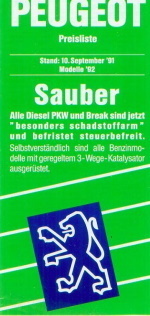 Peugeot PKW Programm Preisliste 10. Sept 1991