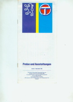 Peugeot Talbot PKW Programm Preisliste 2. Sept  1985