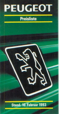 Peugeot PKW Programm Preisliste 10. Februar 1993