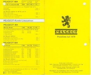 Peugeot PKW Programm Preisliste Juli 1978