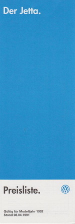 VW Jetta Preisliste April  1991 pricelist