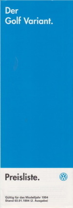 VW Golf Variant Preisliste 3. Januar 1994 2. Ausg.