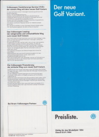 VW Golf Variant Preisliste 3. Januar 1994