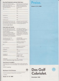 VW Golf Cabrio Preisliste Dezember 1988 -5237