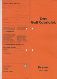 VW Golf 1 Cabrio Preisliste August 1980 -5263