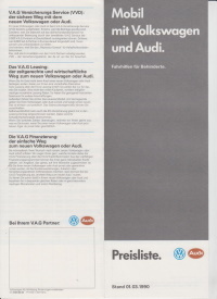 VW Fahrhilfen für Behinderte Preisliste 3- 1990