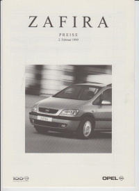 Opel Zafira Preisliste 2. Februar 1999