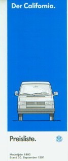 VW California Preisliste 30. September 1991 MJ 1992