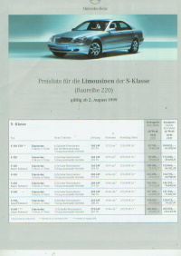 Mercedes S Klasse Preisliste 2. August  1999