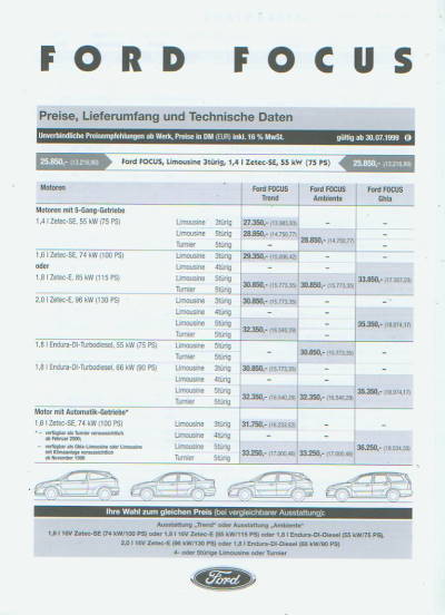 Ford Focus - Preisliste 30. Juli 1999