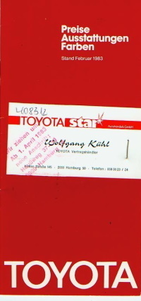 Toyota PKW - Farbkarte Preisliste  2 - 1983