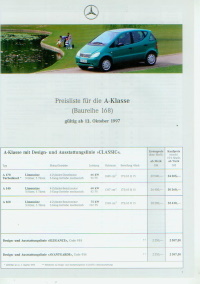 Mercedes A Klasse Preisliste 13. Oktober 1997