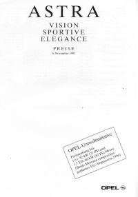 Opel Astra Vision Sportive Elegance Preisliste 6.11.1993
