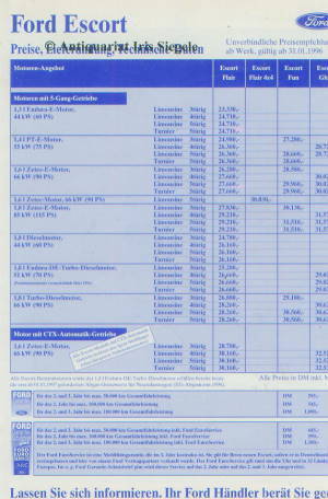 Ford Escort Preisliste 1996 10034* Autoliteratur