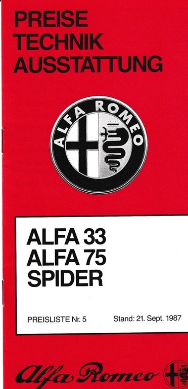 Alfa Romeo 33 75  Spider Preisliste 9 - 1987