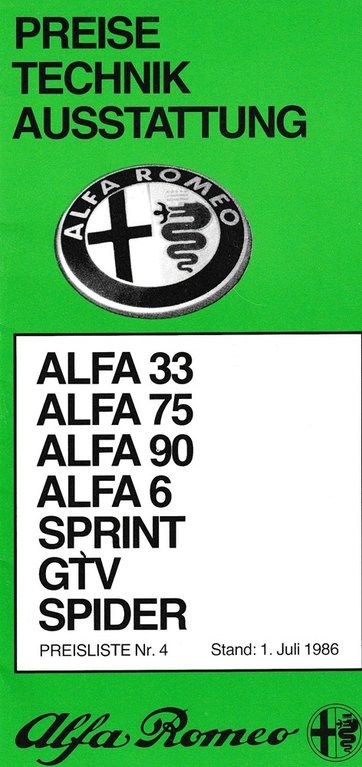 Alfa Romeo Preisliste Juli 1986 Programm