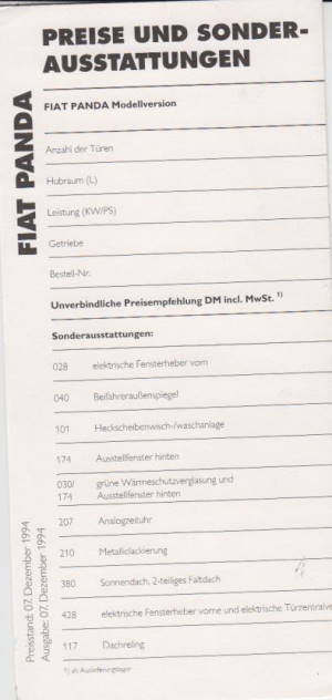 Fiat Panda Preisliste 1994