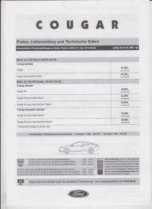 Ford Cougar Preisliste Technik 1999
