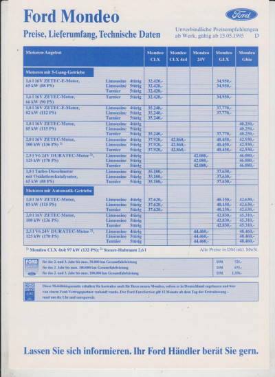 Preisliste Ford Mondeo Mai 95