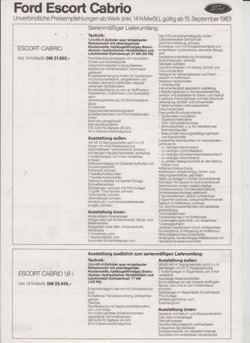 Ford Escort Cabrio Preisliste 9/ 83