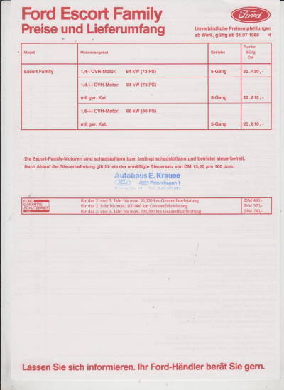 Preisliste Ford Escort Family 1989