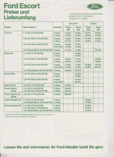 Ford Escort Preise 1985