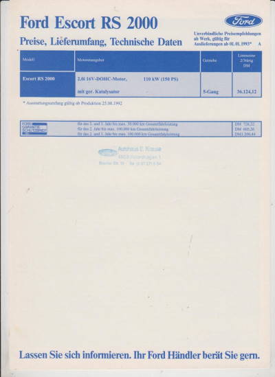 Preisliste Ford Escort RS 2000 - 1993