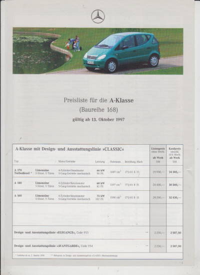Preisliste Mercedes A klasse Oktober 1997