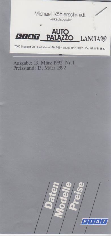 Preisliste Fiat Tipo 3/1992
