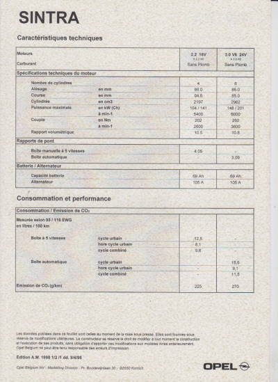 Opel Sintra Technische Daten 1998