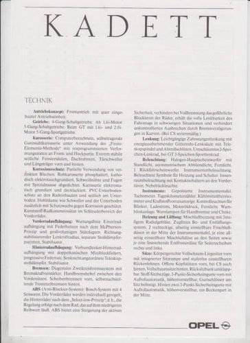 Technische Daten Opel kadett Sept. 1989