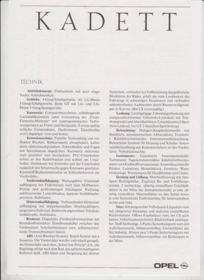 Technische Daten Opel kadett Sept. 1989