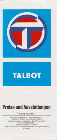 Preisliste Peugeot Talbot 8-1983
