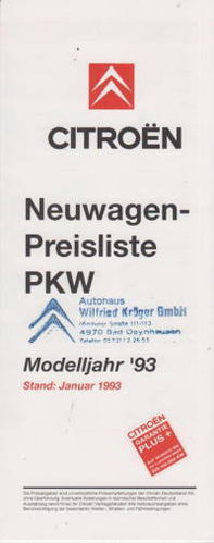 Preisliste Citroen PKW Programm 1-1993