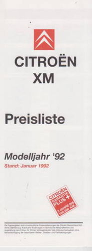 Preisliste Citroen XM 1-1992