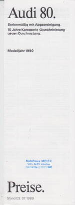 Preisliste Audi 80 7-1989