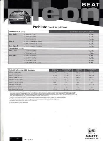 Seat Leon Preisliste 7-2004