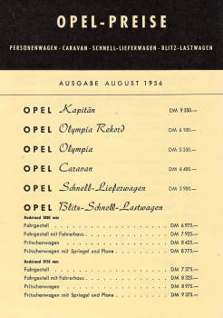 Preisliste Opel  PKW 8-1956