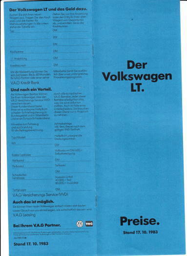 VW LT Preisliste 10-1983